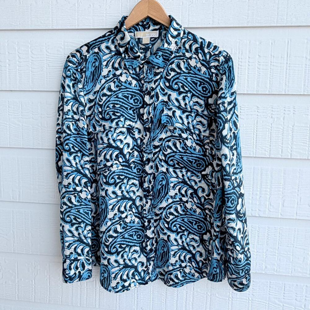 Michael Kors Blue Paisley Shirt L Silky Lightweight Long Sleeve